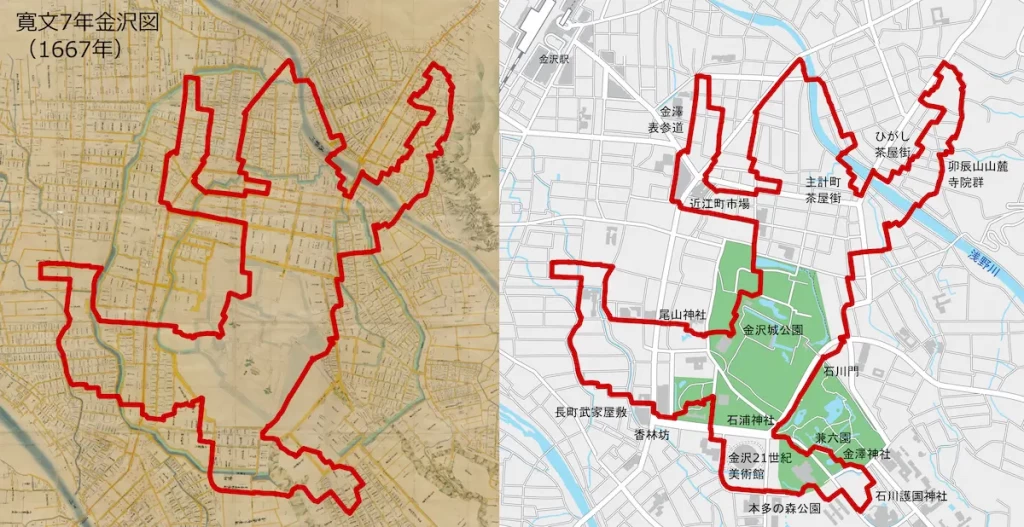 金沢城を中心に描く忍者のGPSアートコース_古地図と一緒に